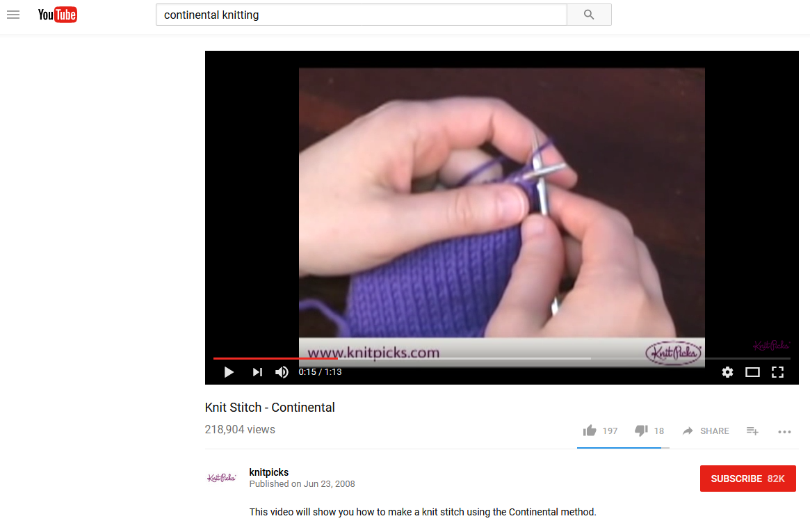 Continental knitting tutorial on youtube